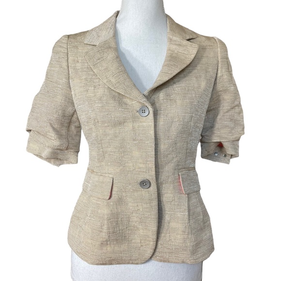 Elie Tahari Skirt Suit Set NEW S Short Puff Sleeve Notched Collar Linen Blend - Picture 6 of 16